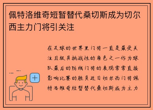 佩特洛维奇短暂替代桑切斯成为切尔西主力门将引关注